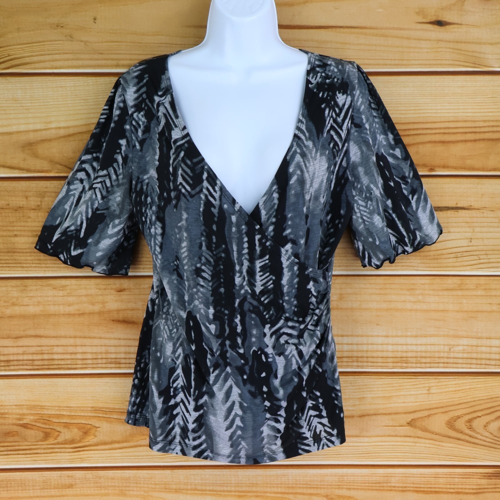 AB Studio Blouse Shirt Womens Size M Gray Geometric Stretch V-Neck Short Sleeves